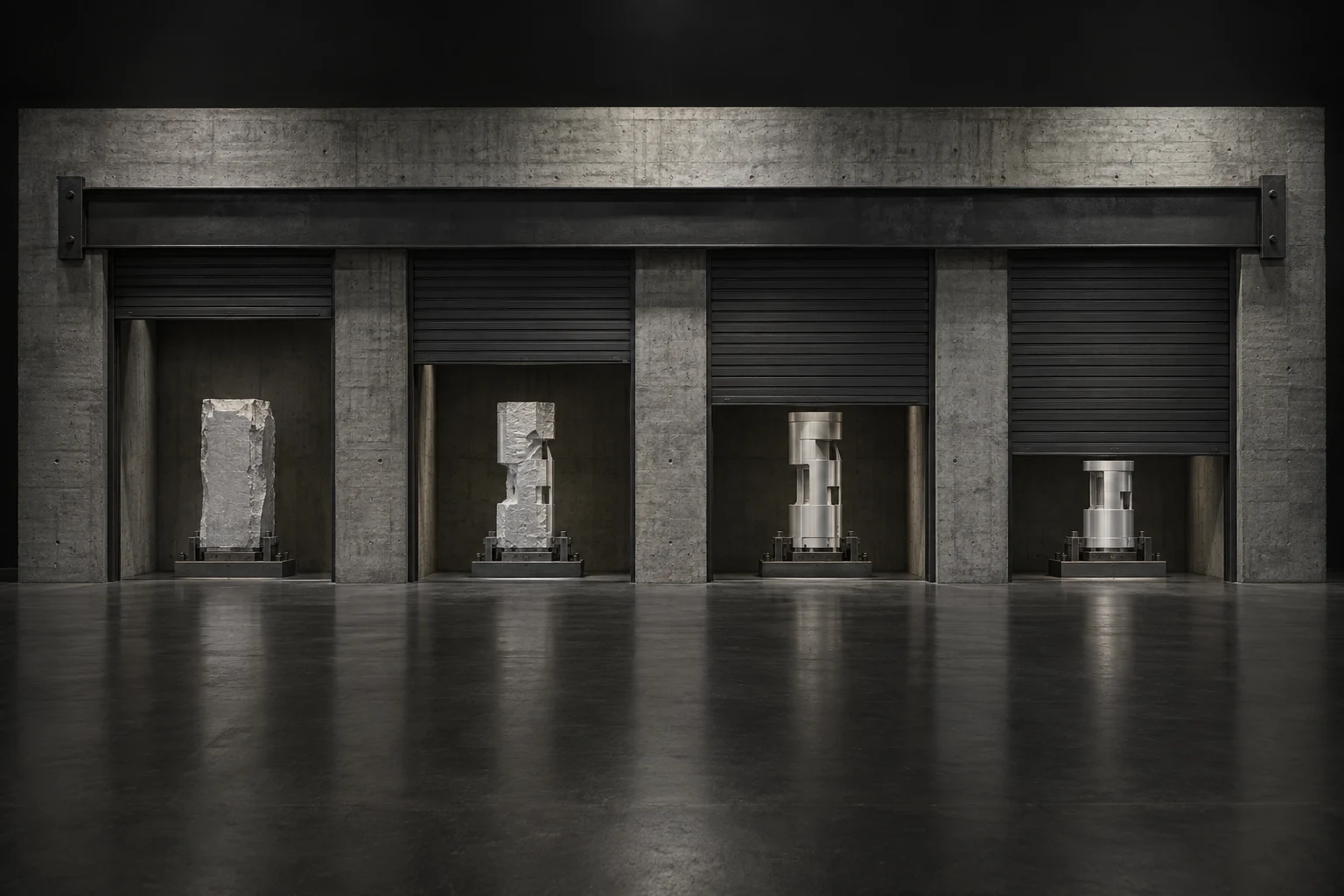Four shuttered bays in a concrete wall, each holding the same component worked to a different stage.