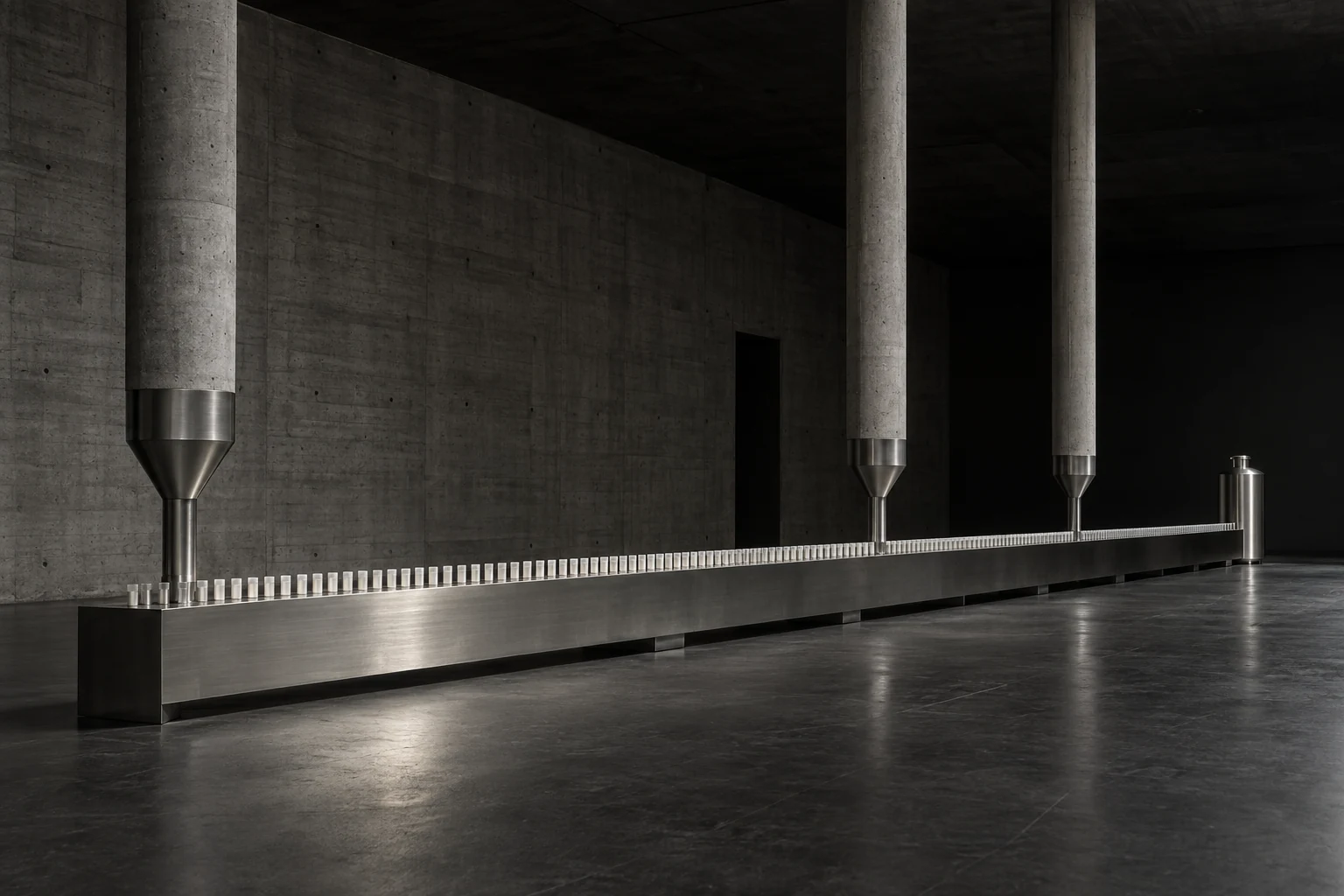 A long steel bench carrying hundreds of sealed specimen vials, fed from above by three concrete conduits.