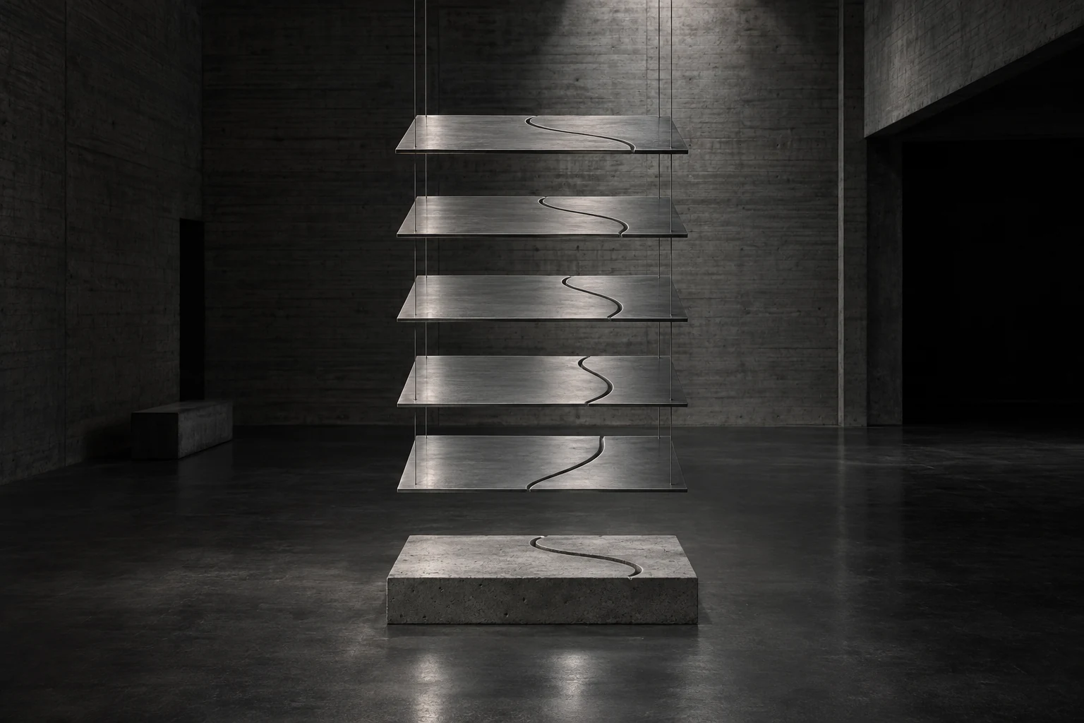 Five suspended steel plates, each carrying one stage of a curved path, above a concrete block bearing the whole path.