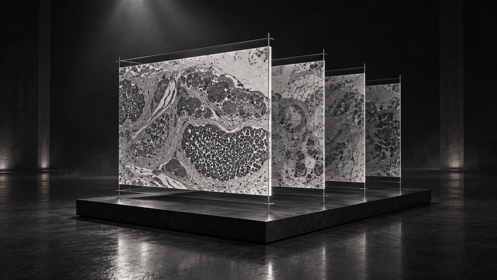 Four translucent pathology panels arranged as a layered installation in a dark gallery.