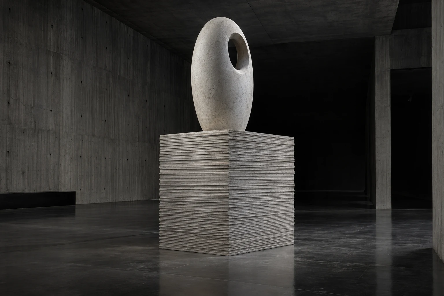 A pierced ovoid stone sculpture standing on a deep foundation of hundreds of stacked stone leaves.