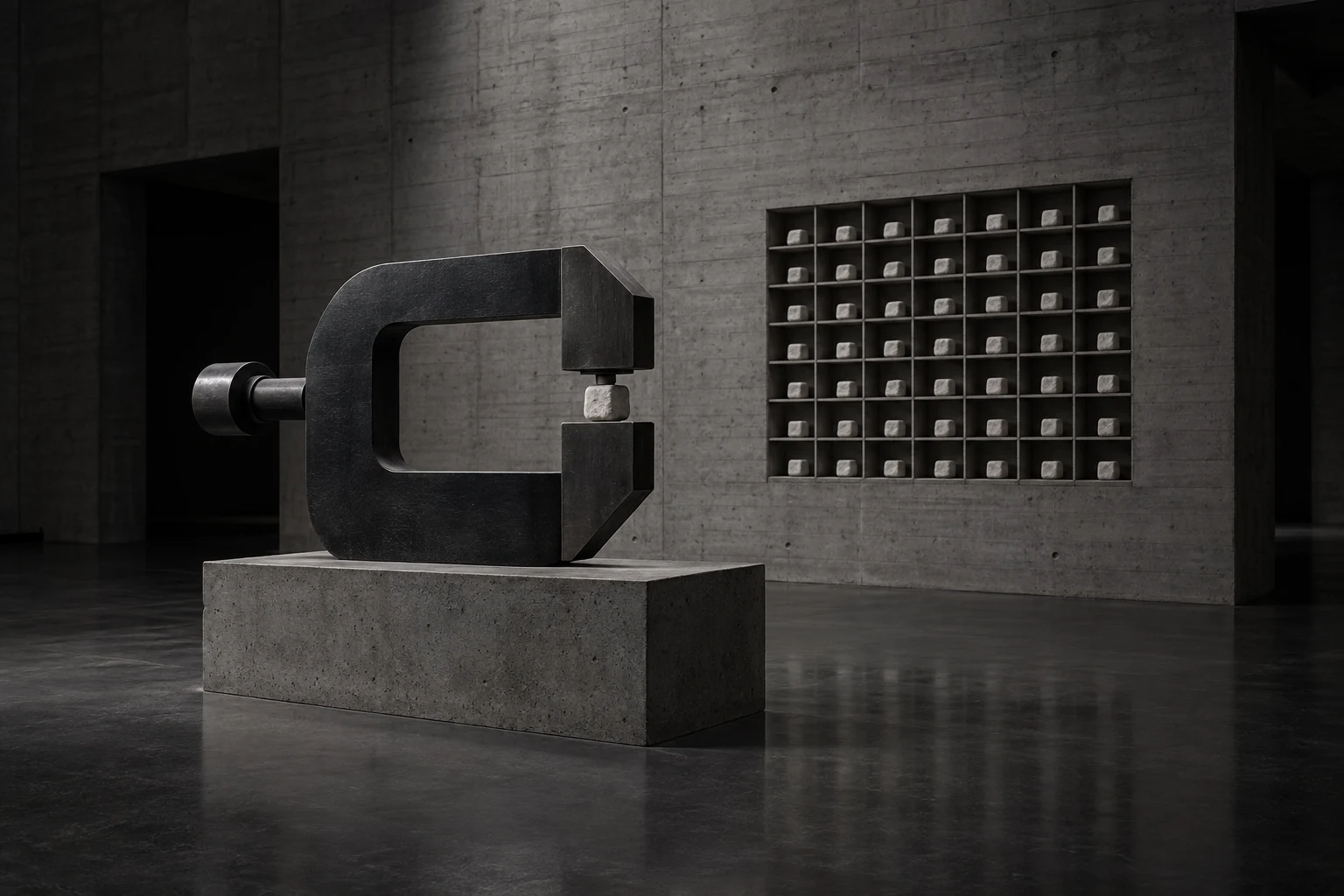 An oversized steel gauge gripping one small object, before a recessed wall grid of catalogued near-identical objects.