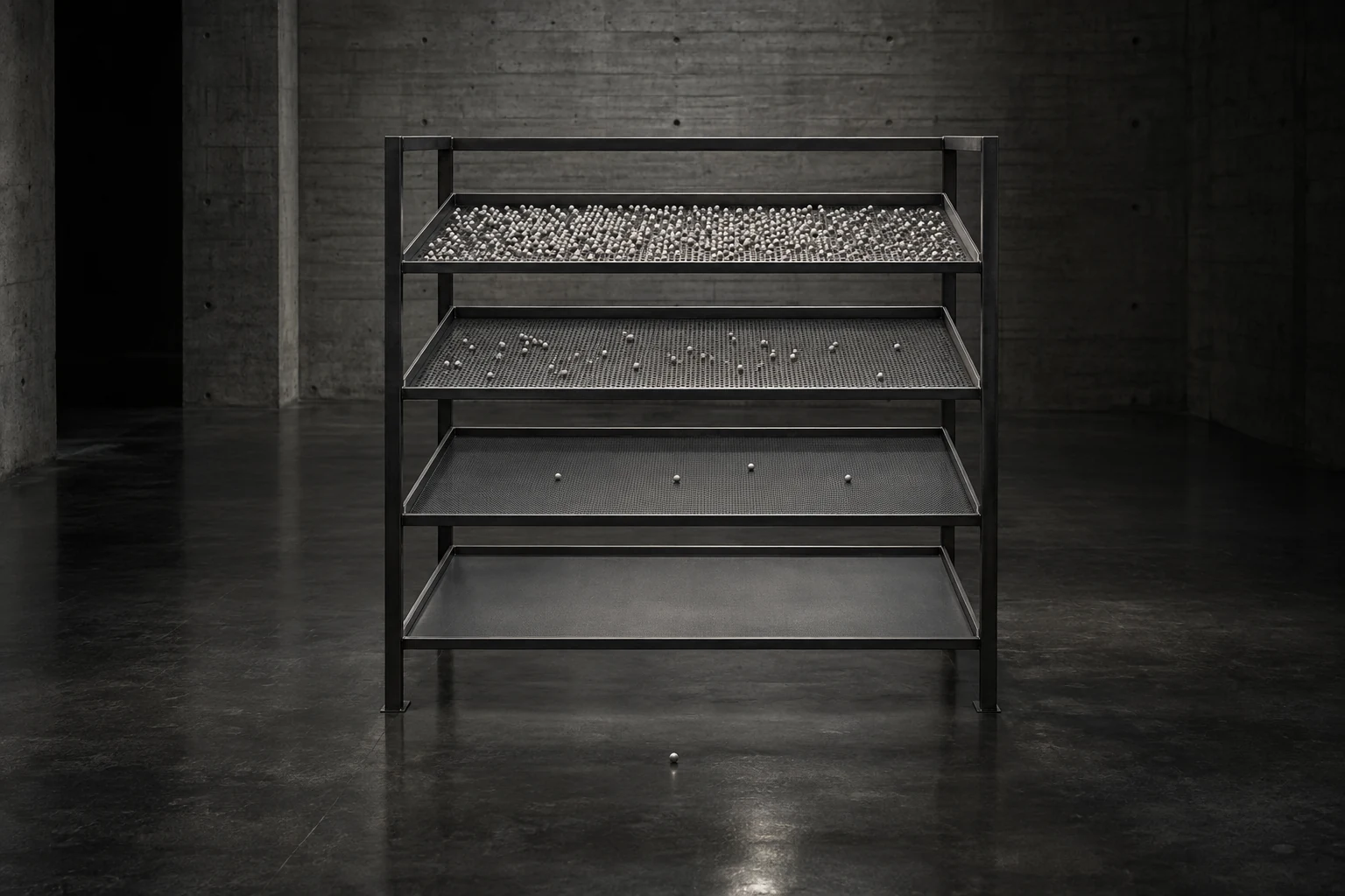 Four progressively finer steel screens holding ever fewer pale pellets, with one pellet alone on the floor beneath.