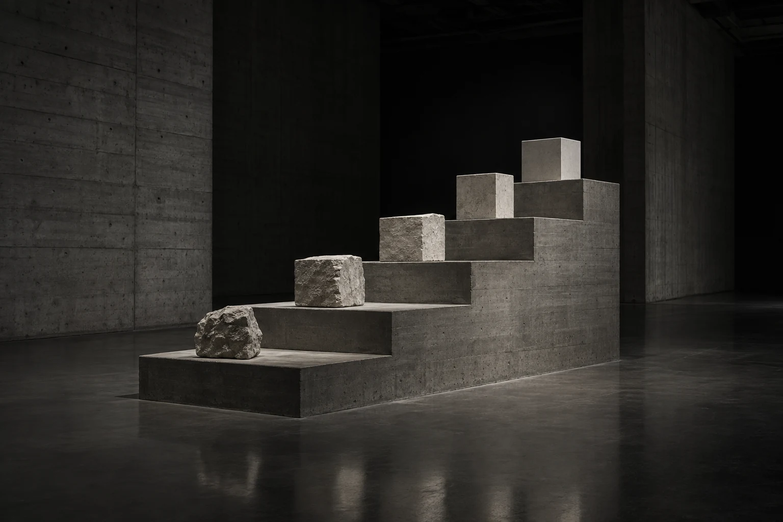 Five ascending concrete steps carrying the same object at five stages, from a rough lump to a machined solid.