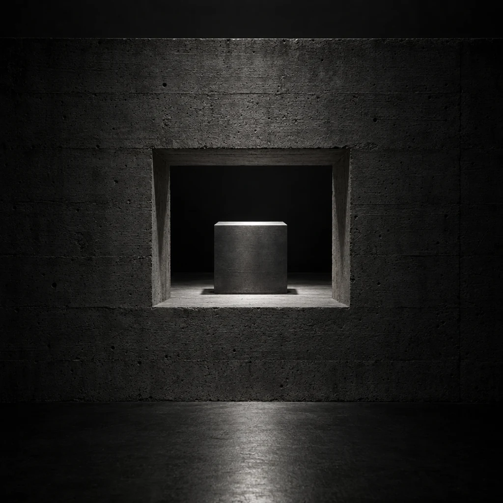 A rectangular opening cut through a thick concrete wall, with a machined steel block lit on the far side of it.