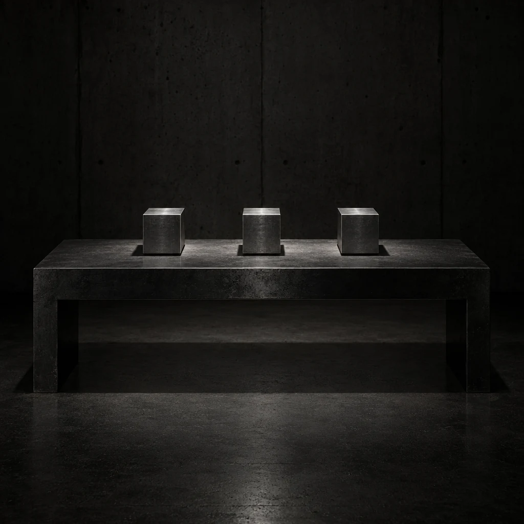 Three identical machined steel blocks evenly spaced along a steel bench under one overhead light.