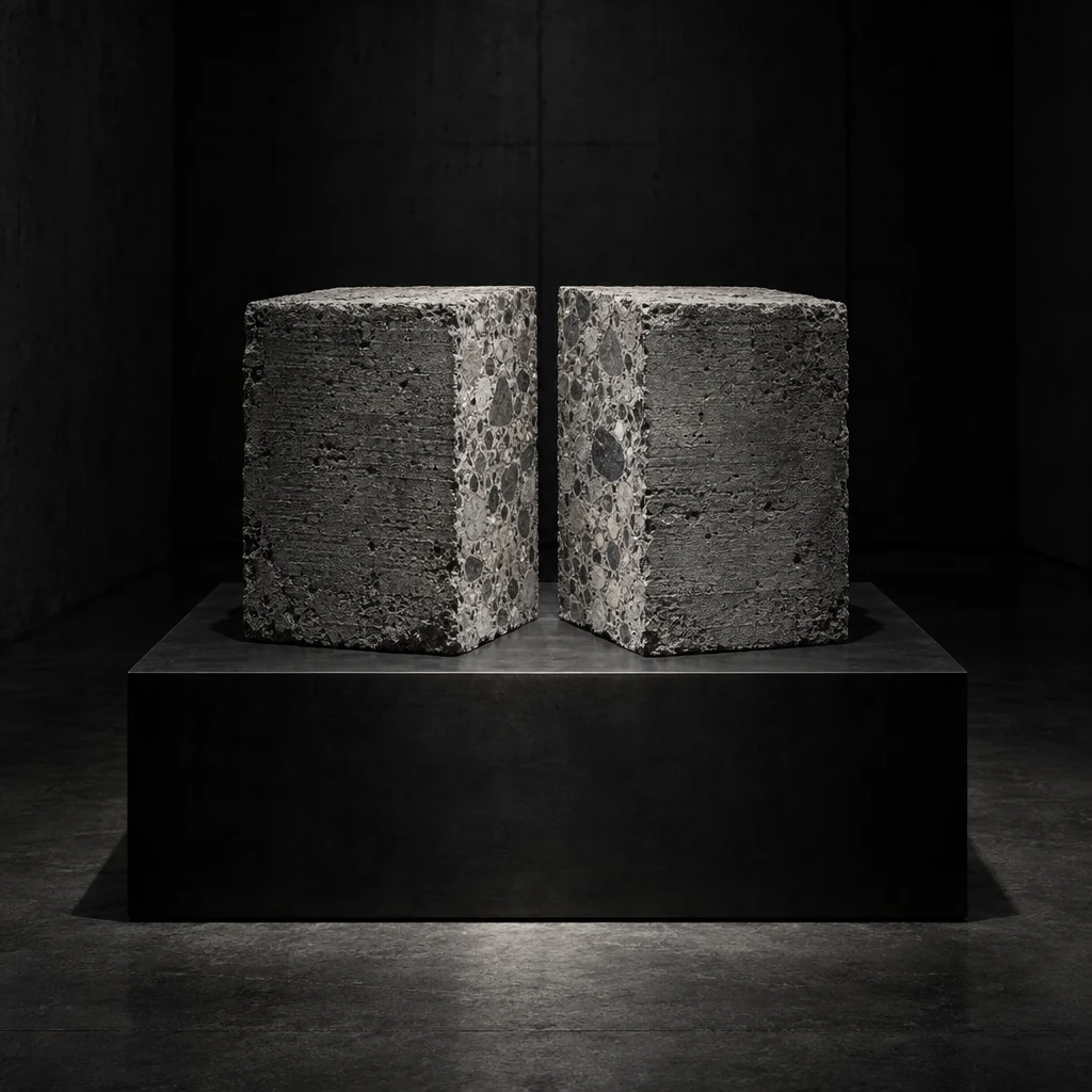 A cast-concrete block sawn in half on a steel table, its two cut faces and the aggregate inside both visible.