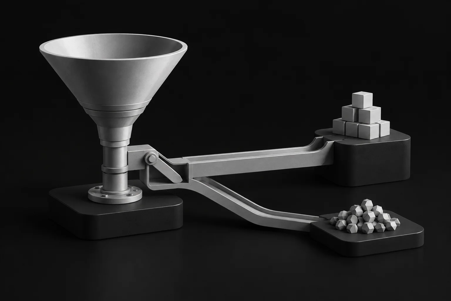 A machined funnel feeding a sorting gate that routes qualified blocks up and the rest away.