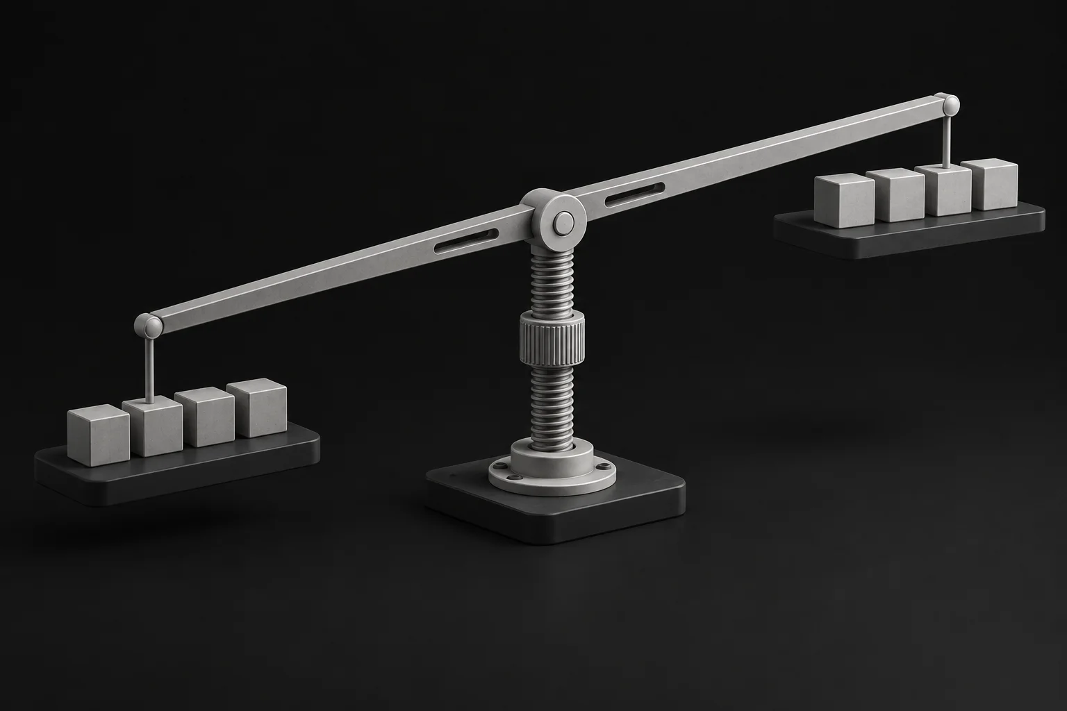 A screw jack lifting a beam that raises four identical blocks from a low tier to a higher one.