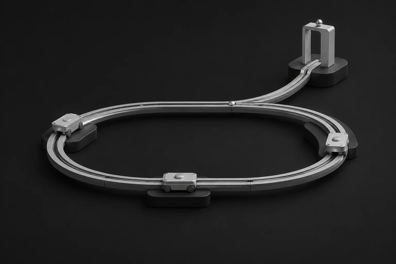 A closed machined track with carriers circulating and one branch lifting to a checkpoint.