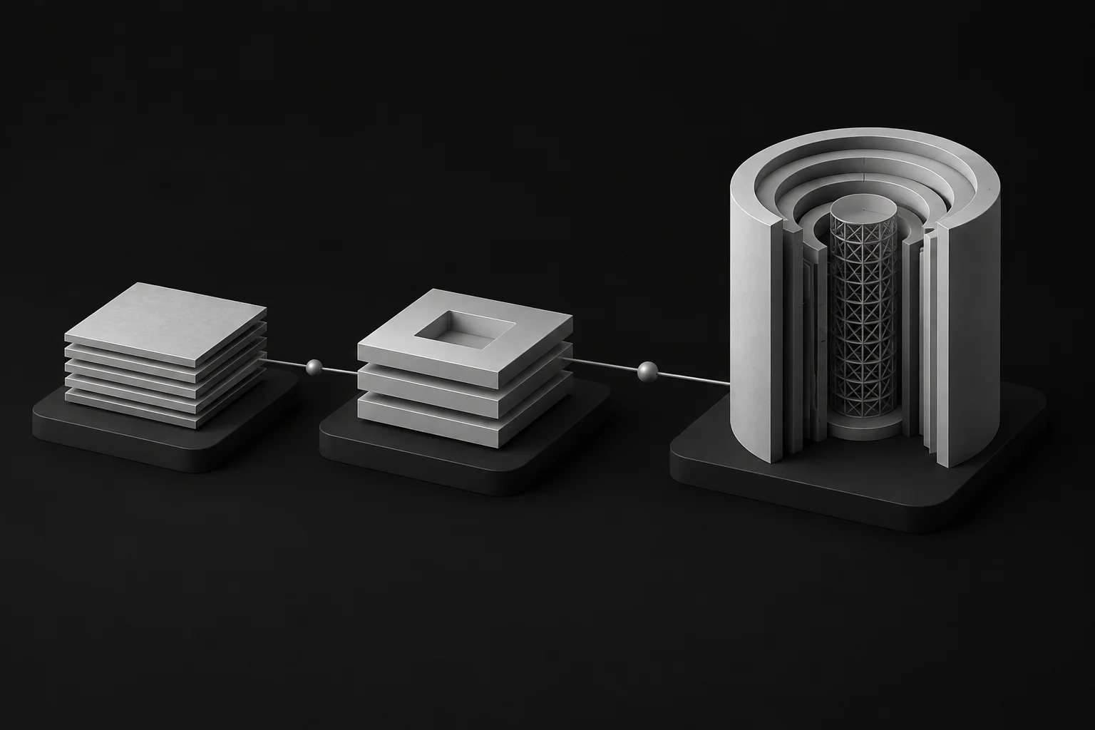 Stacked plate blocks feeding a layered core cut open to show its internal lattice.