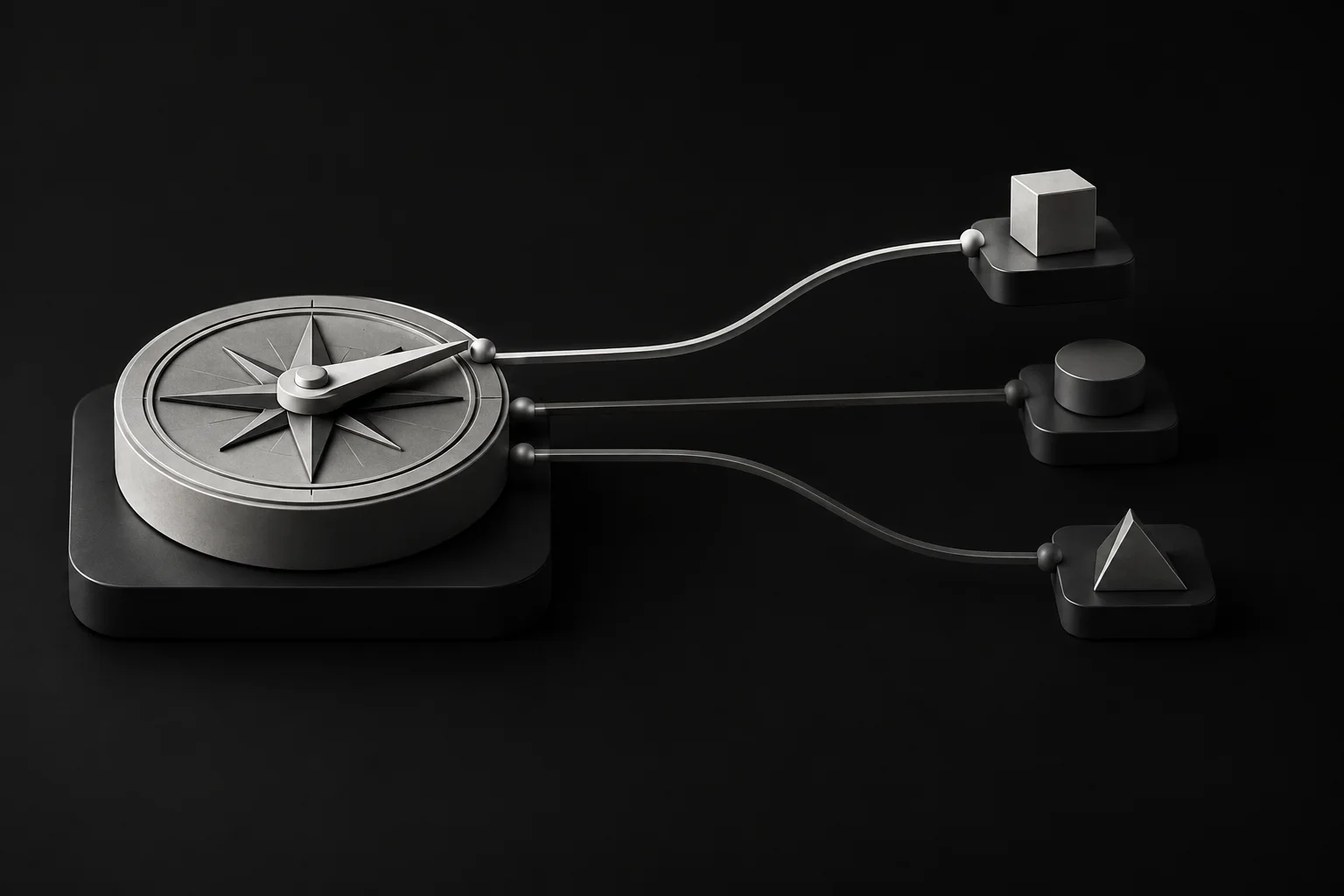 A machined compass rosette selecting one of three diverging routes.